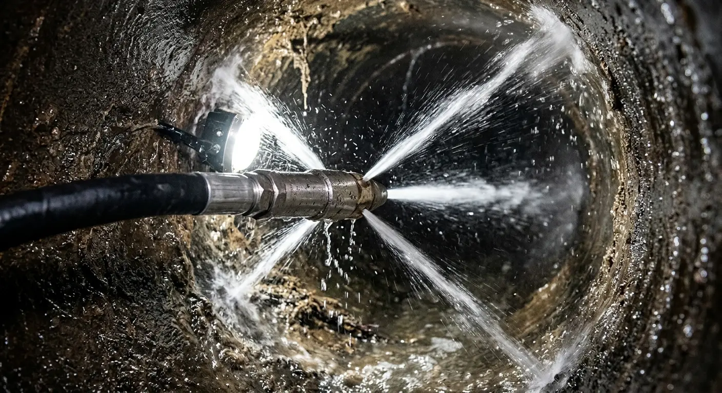 High-pressure hydro jetting nozzle cleaning sewer pipe for Emergency Drain Service in Airmont