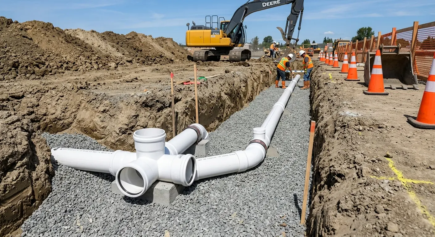 New PVC sewer pipe installation in open trench for Commercial Drain Cleaning in Airmont