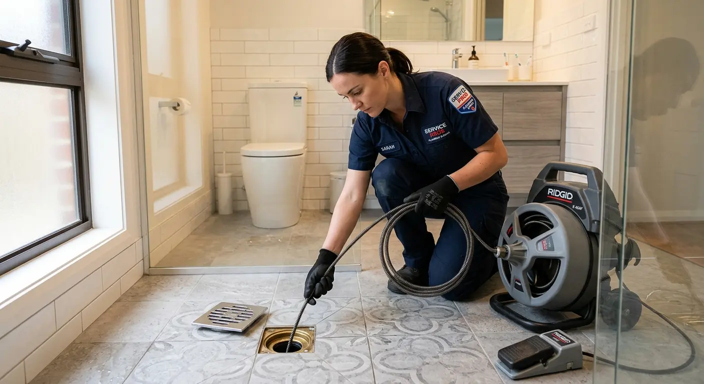 Technician clearing a bathroom floor drain for Hydro Jetting in Airmont